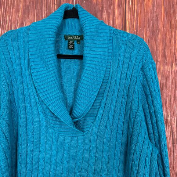 Lauren Ralph Lauren Blue Silk & Cashmere Cowl Neck Cable Knit Sweater 2X - Picture 2 of 4